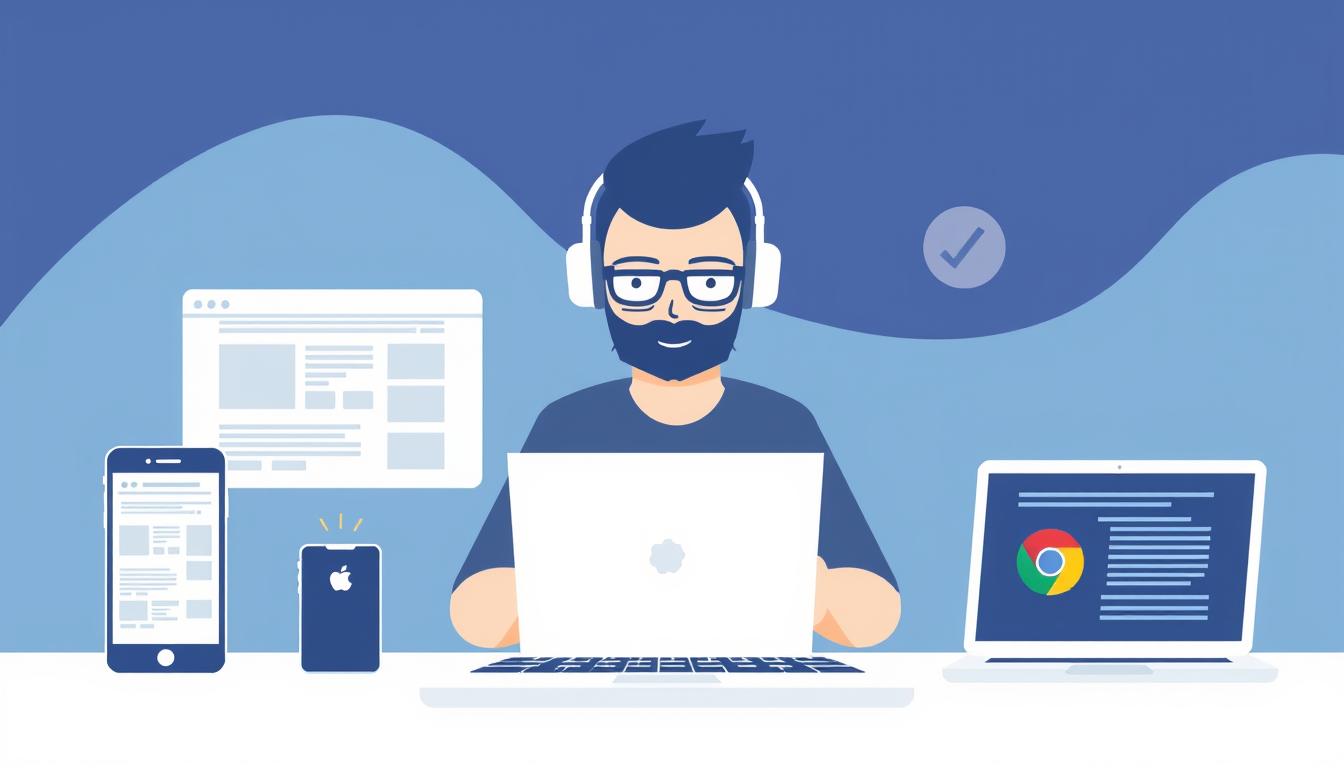 Illustration of developer working on AMP SEO optimization with devices
