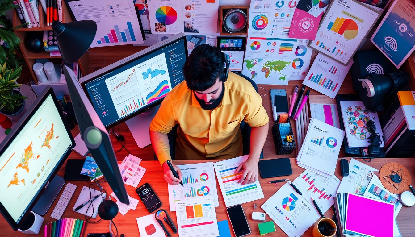 Marketer analyzing SEO and digital marketing data with charts, infographics, and keyword research reports