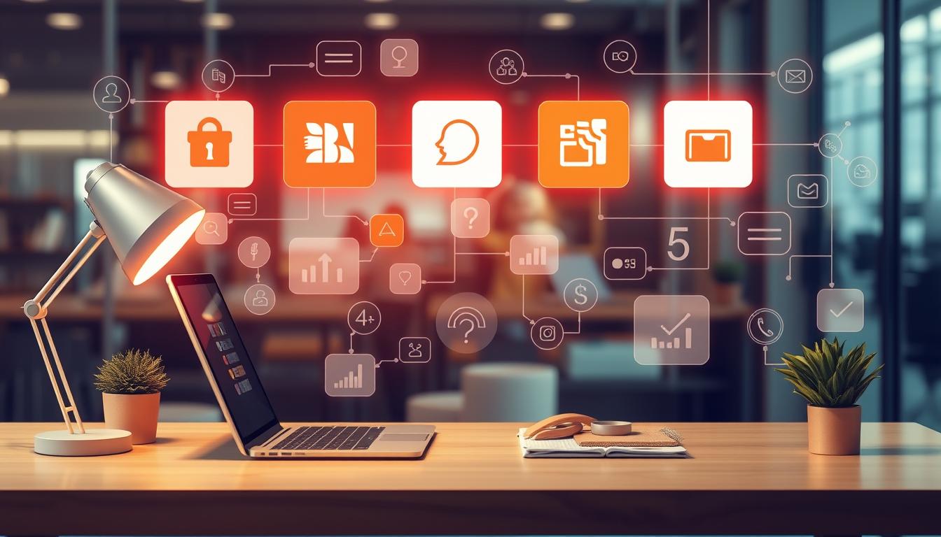 Laptop on desk with glowing digital marketing dashboard icons for online branding.