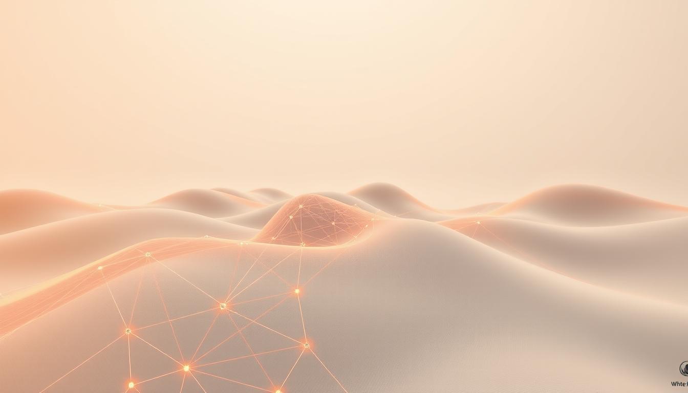 Abstract digital network connections glowing over smooth sandy background, symbolizing data flow.