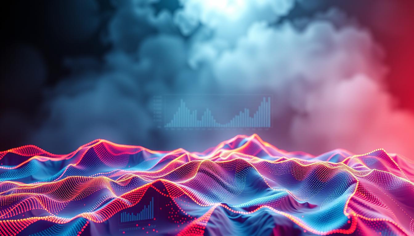Futuristic AI data visualization showing colorful wave patterns with digital analytics graphs