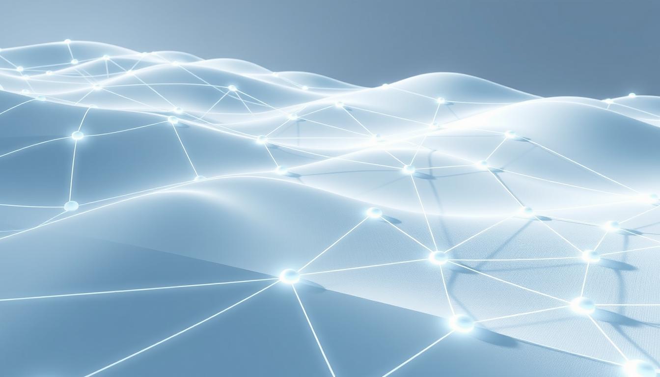 Futuristic light blue digital network grid with glowing connection points.
