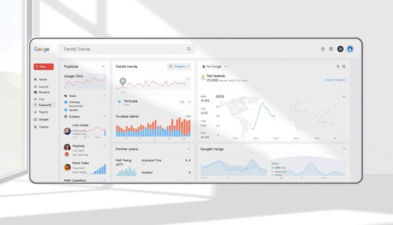 Google Trends analytics interface showing search data, global map, and keyword performance graphs