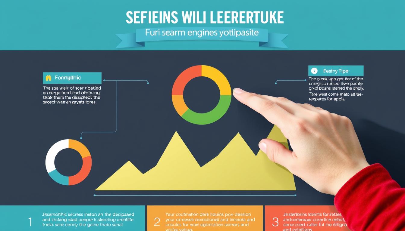Interactive infographic with hand pointing at SEO analytics dashboard showing charts and graphs