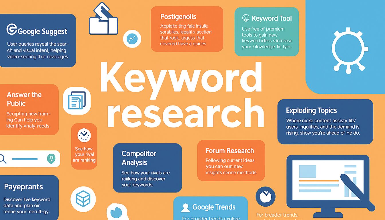 Keyword research infographic with tools like Google Suggest, Answer the Public, Competitor Analysis by White Sand