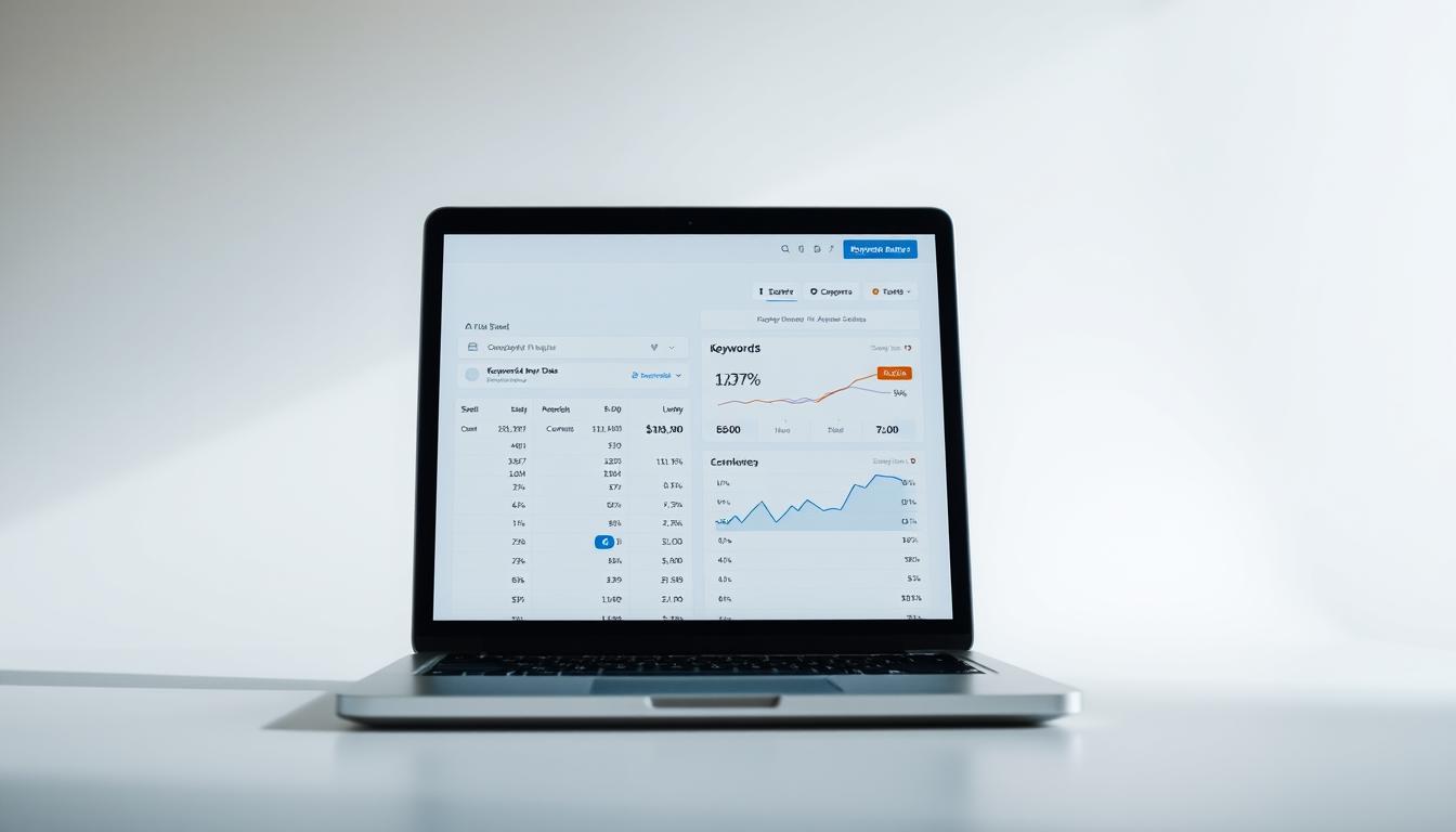 Laptop screen displaying keyword tracking and SEO performance analytics report
