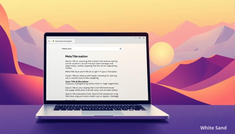 Laptop screen showing meta title SEO optimization guide with sunset background - White Sand