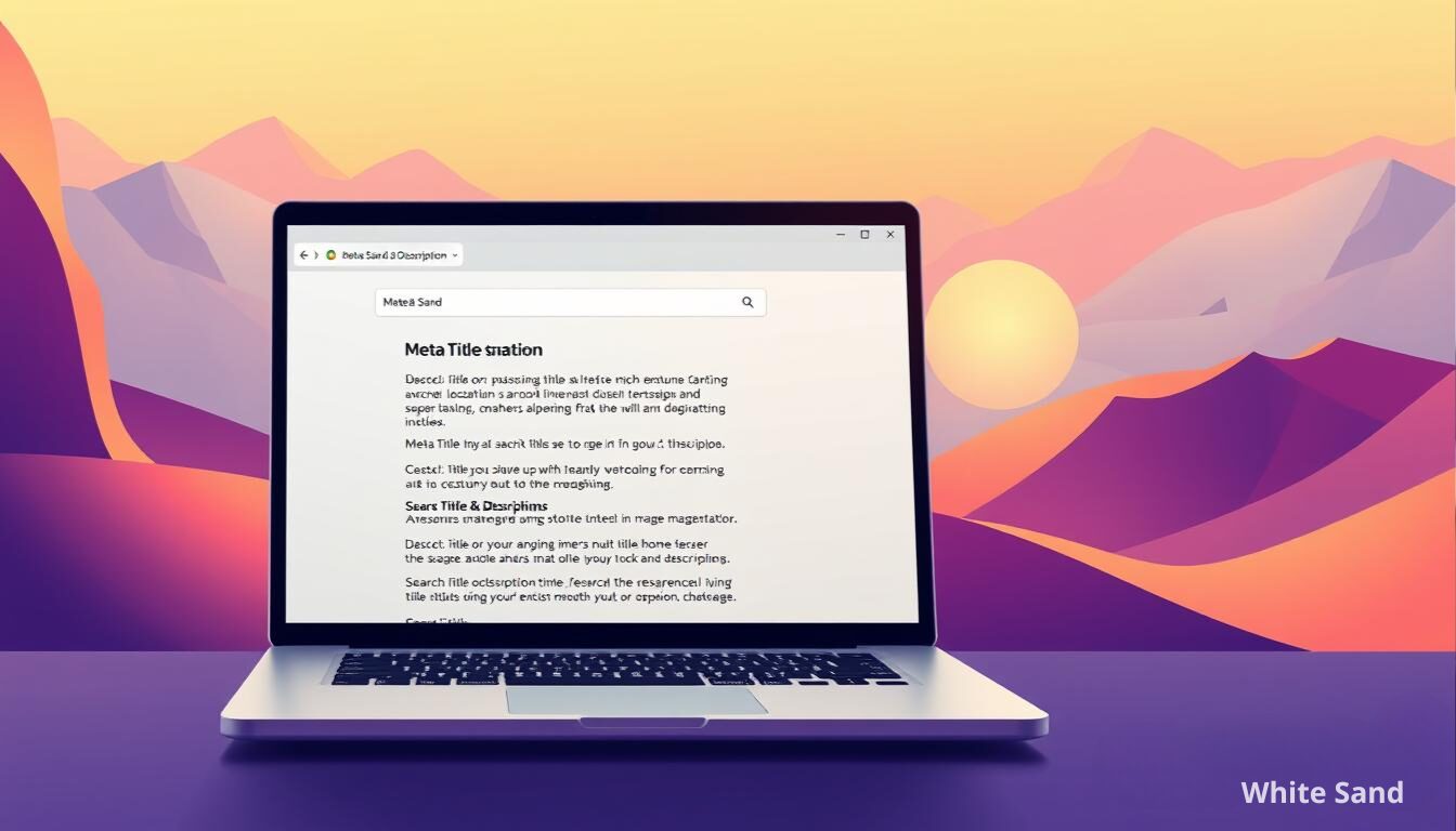 Laptop screen showing meta title SEO optimization guide with sunset background - White Sand