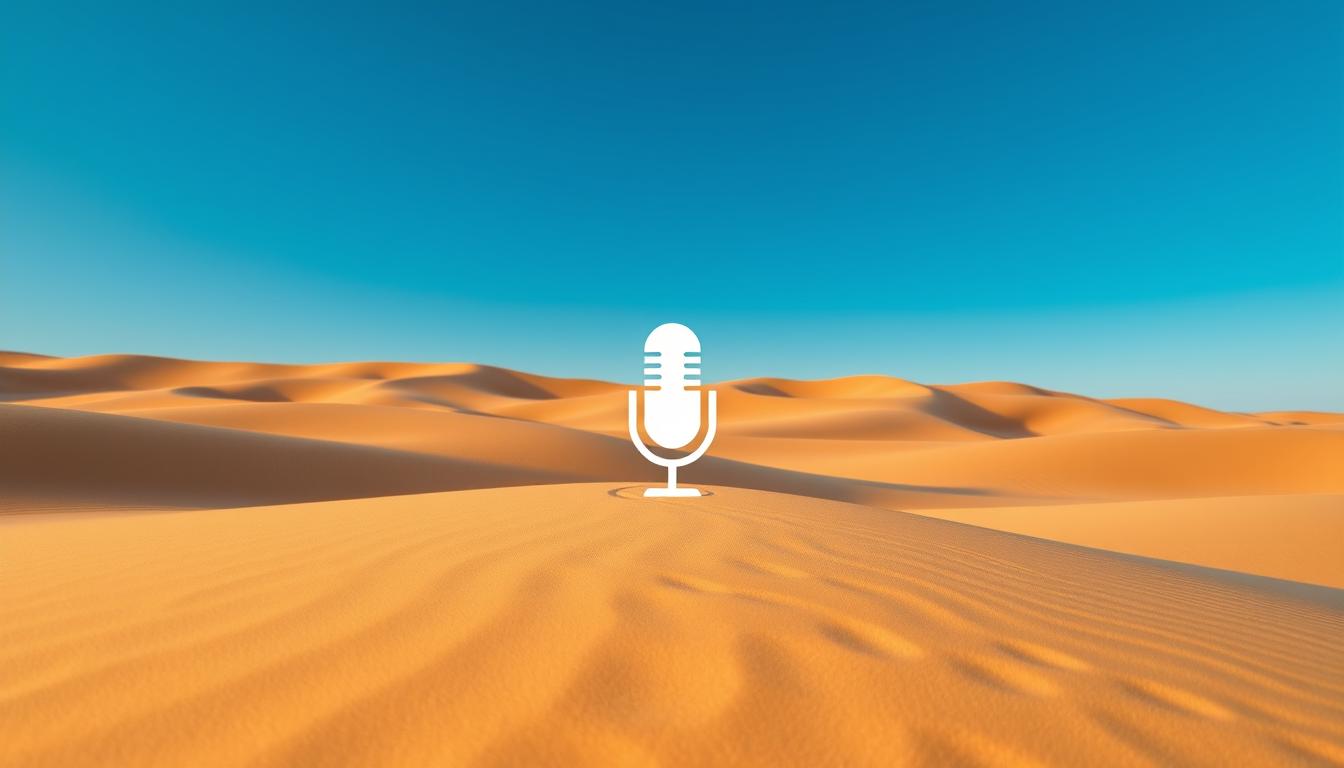 White microphone icon placed in desert sand dunes under clear blue sky symbolizing voice search technology.
