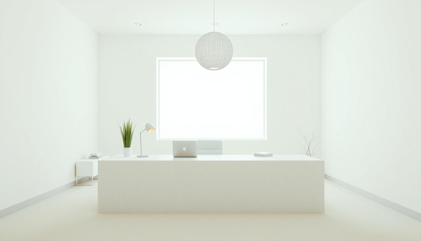 Minimal white office interior with clean desk, MacBook, lamp, and green plant.