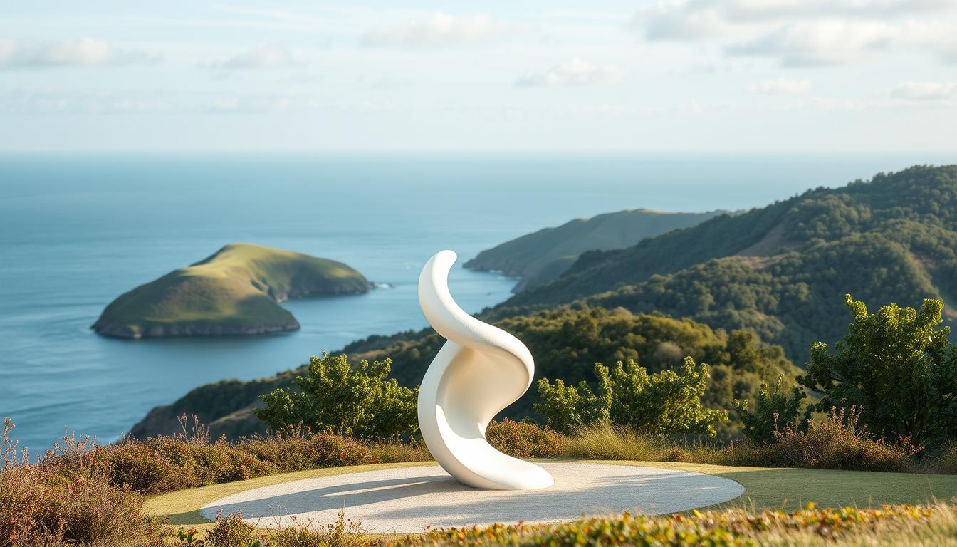White abstract sculpture overlooking sea and mountain landscape.
