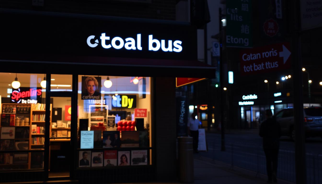 Night street view with illuminated digital signage and storefront symbolizing online visibility and local SEO.
