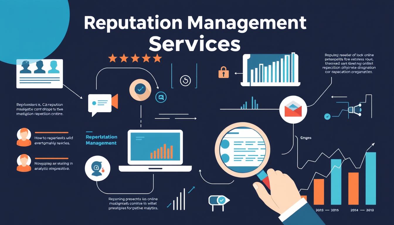 Infographic explaining reputation management services with graphs and analytics icons.
