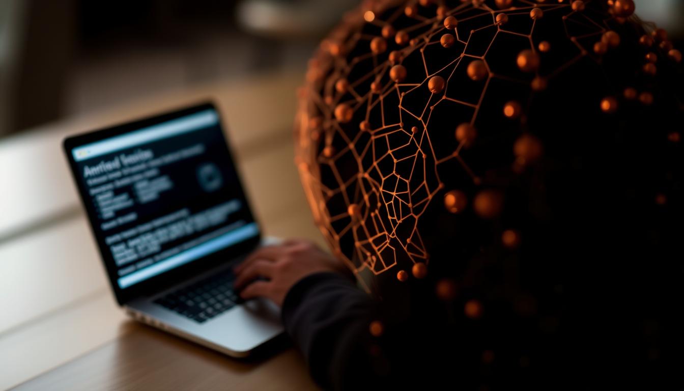 Person using laptop with digital AI network nodes for SEO and meta data automation
