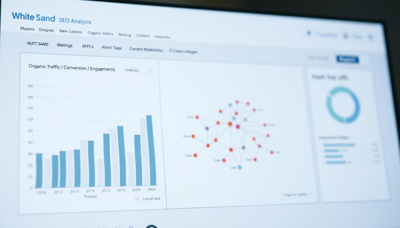 SEO analysis dashboard showing organic traffic, conversion, and engagement metrics
