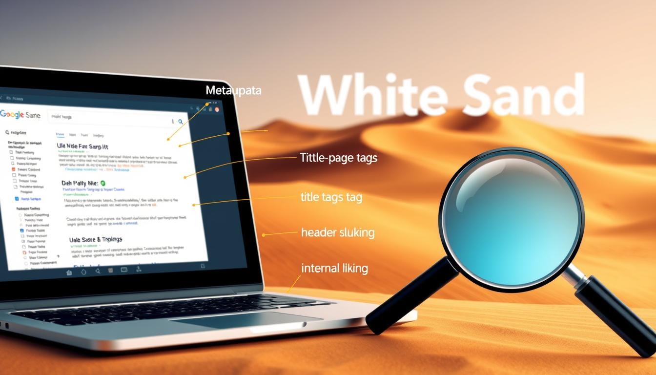 Laptop with SEO analysis screen, magnifying glass, and White Sand branding in desert background.