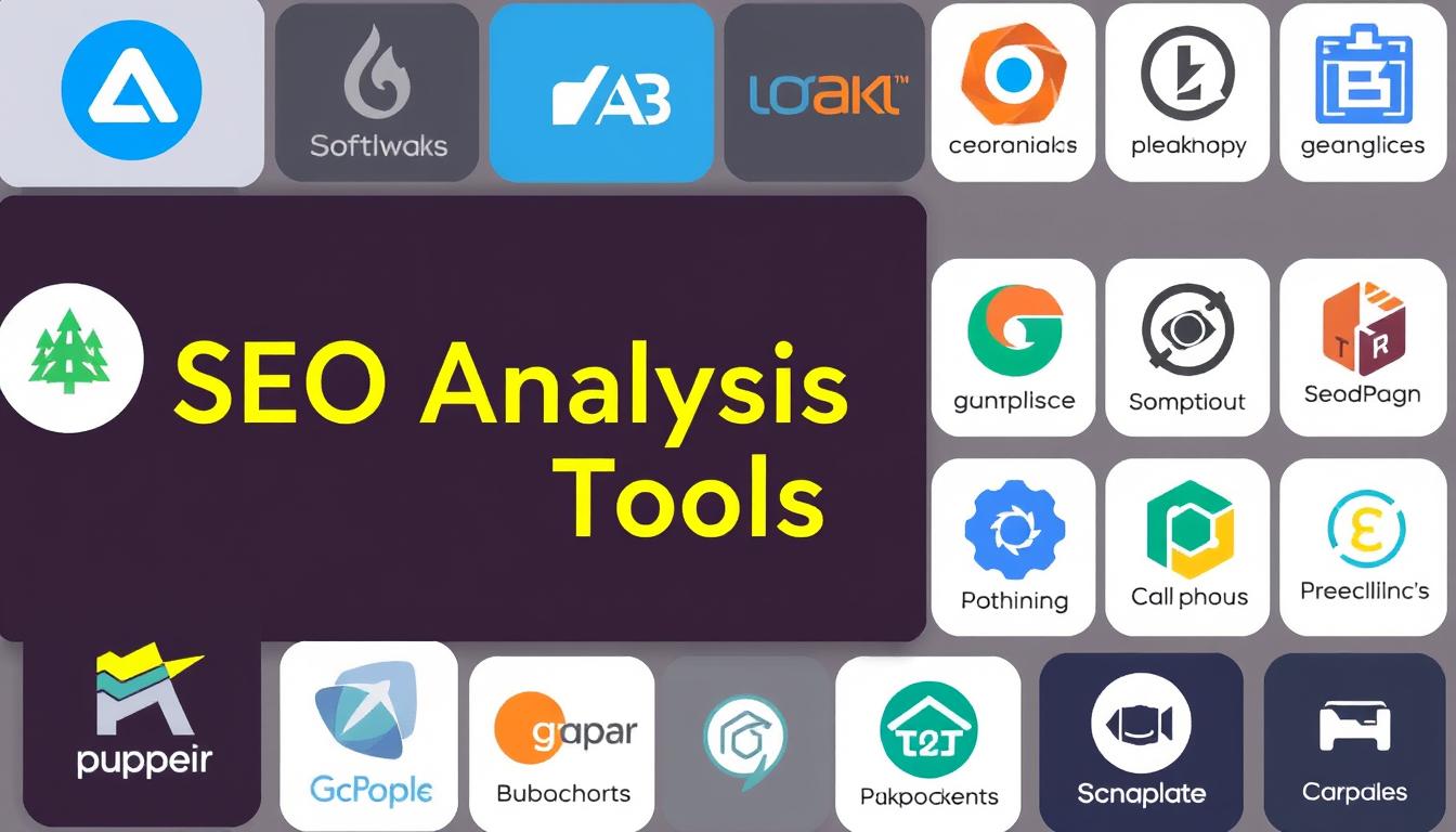 Collection of SEO analysis tools and software icons for website optimization

