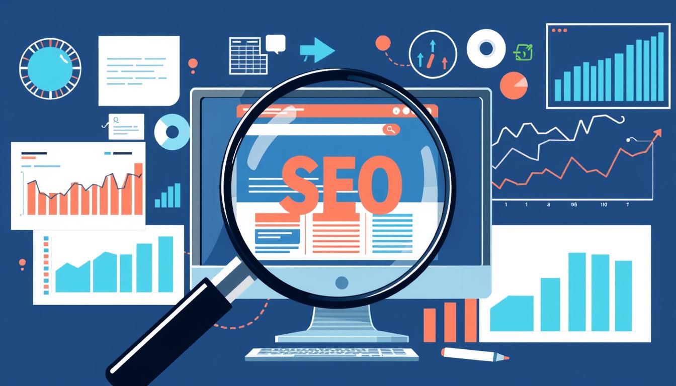 SEO audit illustration showing magnifying glass over website data and analytics charts

