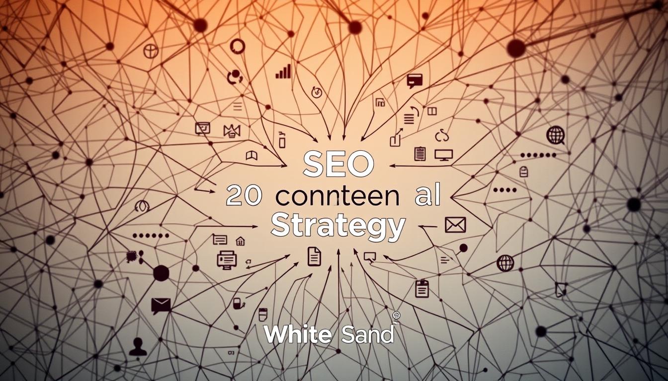 SEO content strategy infographic with network lines and digital marketing icons.