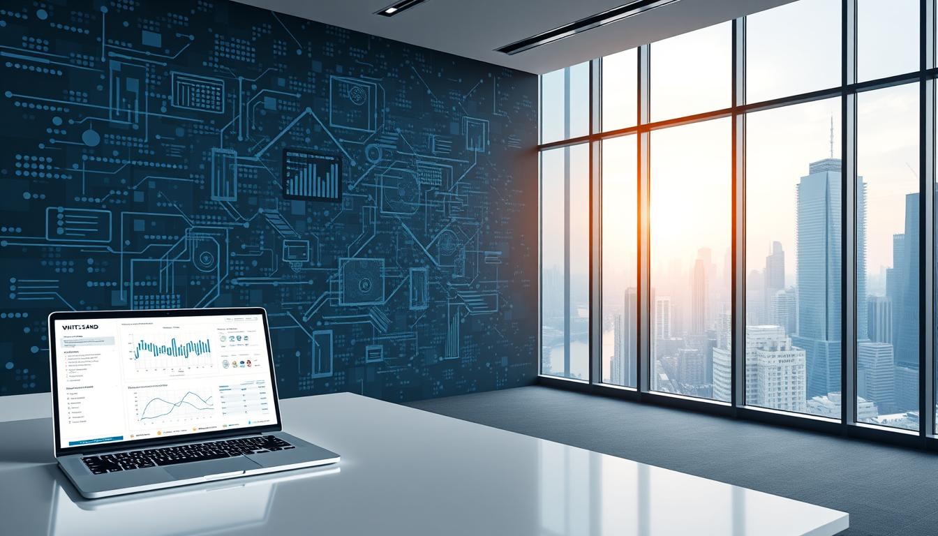 Laptop with SEO data analytics dashboard in modern office with city skyline and digital network wall design.
