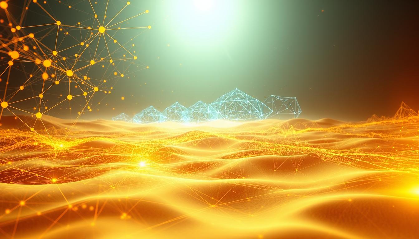 Golden and blue digital network over waves representing search engine optimization connections
