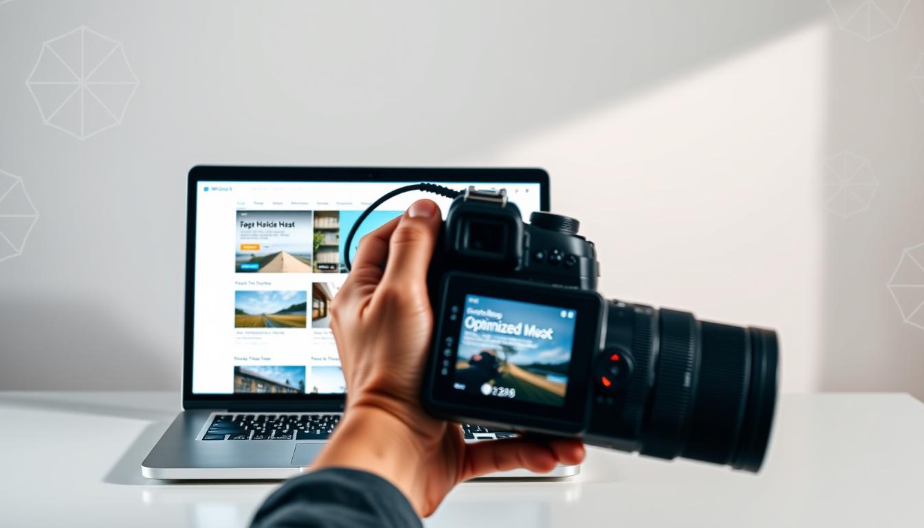 Camera focused on laptop screen showing optimized content and SEO tools.