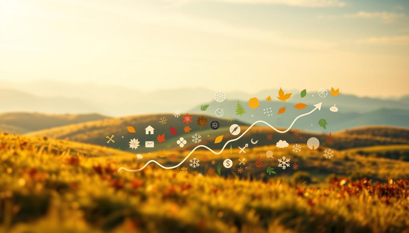 SEO seasonal trends visualization with icons of seasons, nature, and digital analytics in a landscape background