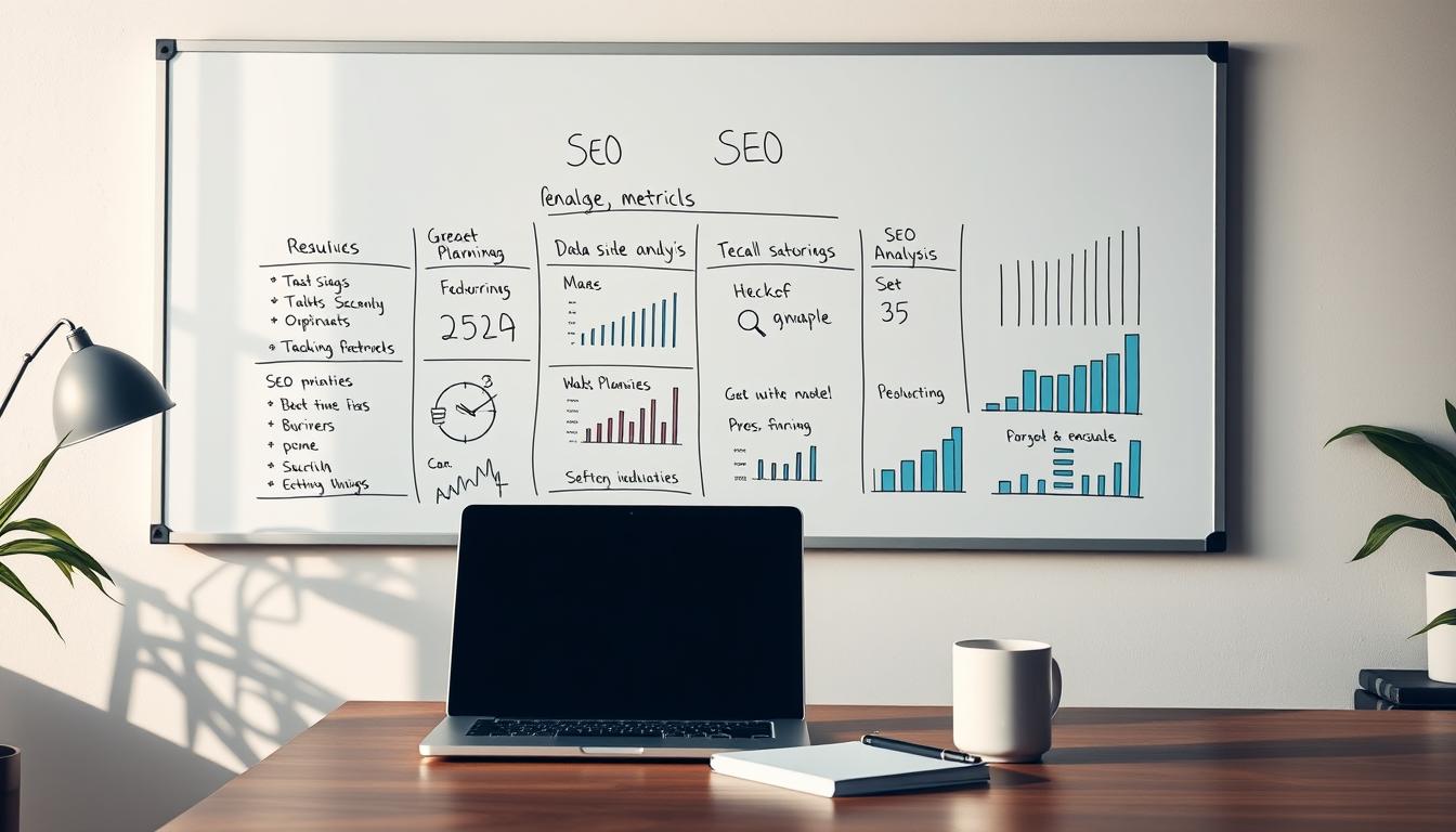 SEO strategy planning on office whiteboard with charts, graphs, and digital marketing goals
