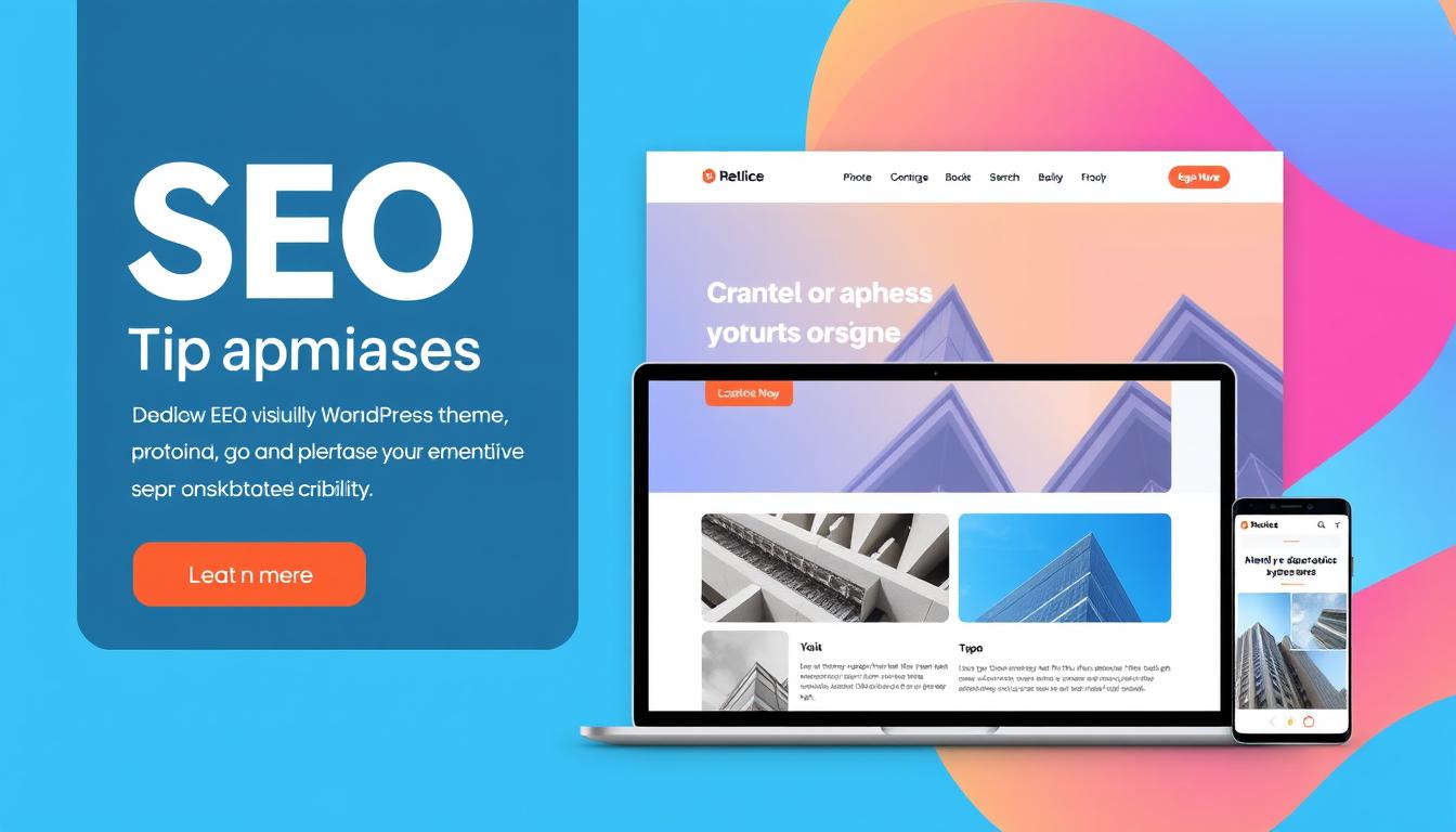 SEO tips promotional graphic showing responsive WordPress theme on devices.