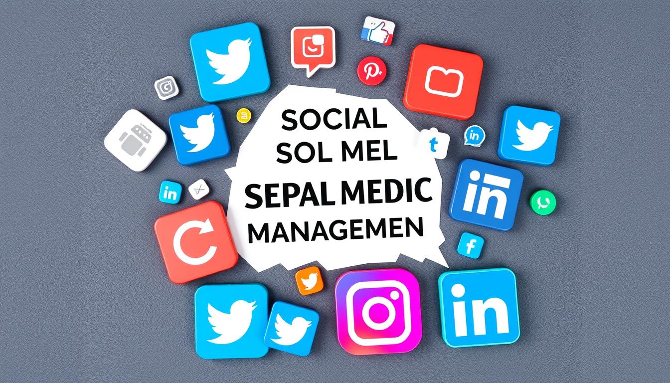 Social media management illustration with Twitter, Instagram, LinkedIn, and Facebook icons.