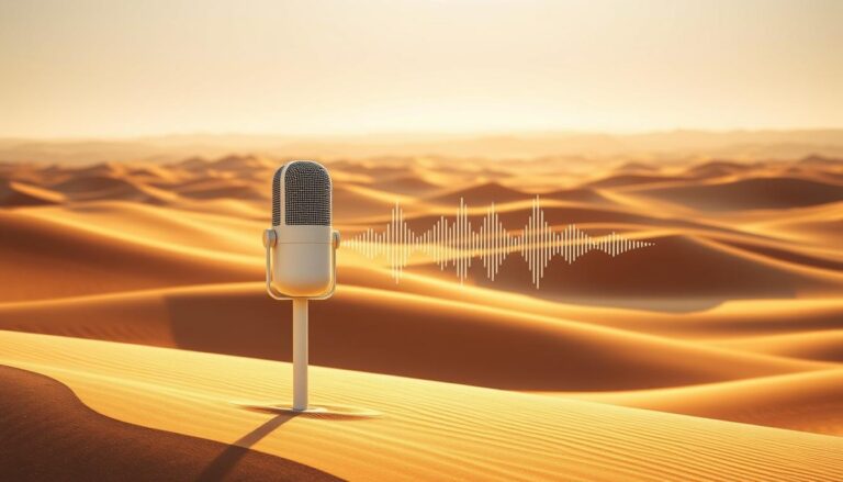 Microphone in desert with soundwave visualizing concept of voice search optimization and SEO in natural environment.