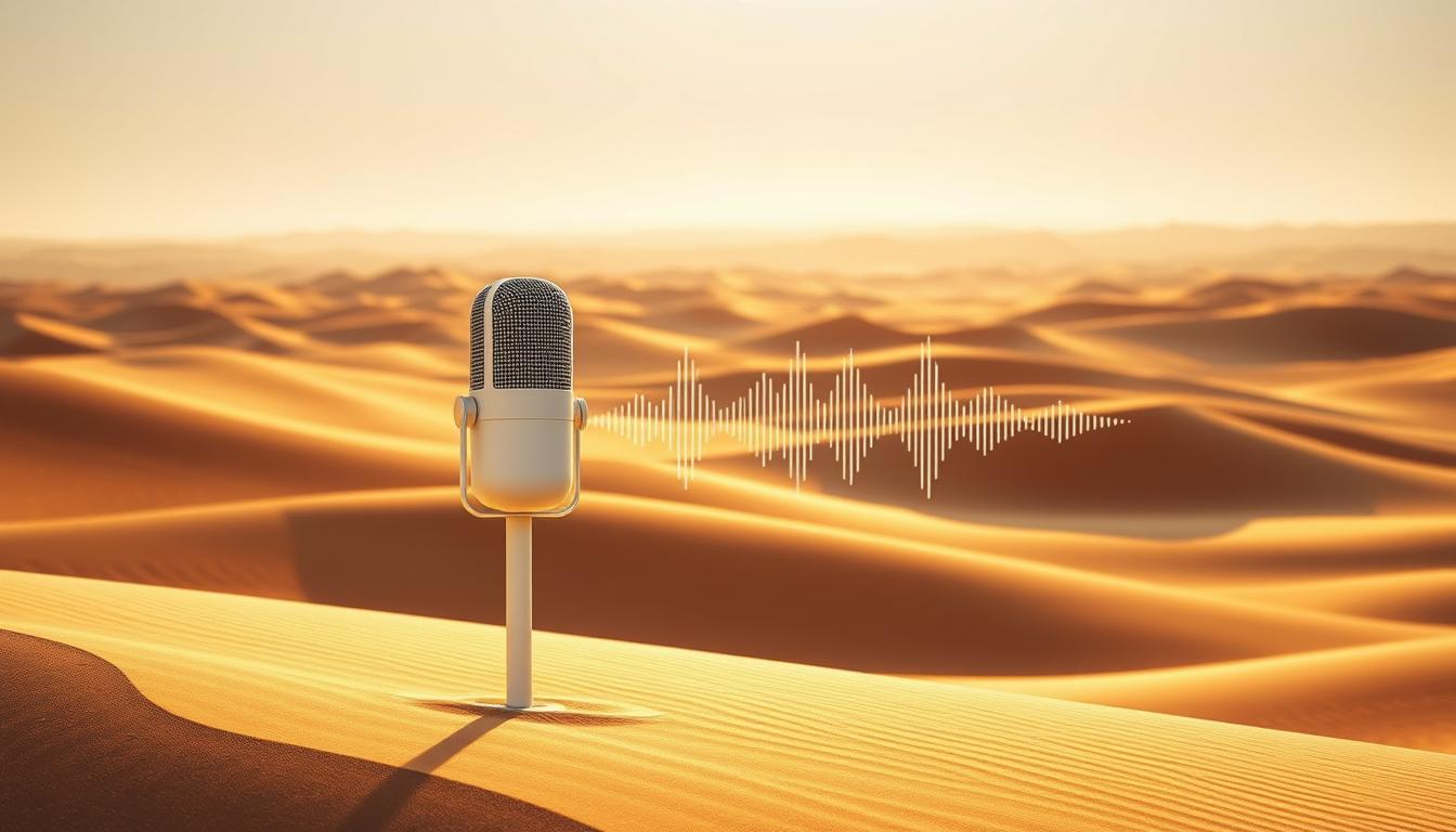 Microphone in desert with soundwave visualizing concept of voice search optimization and SEO in natural environment.