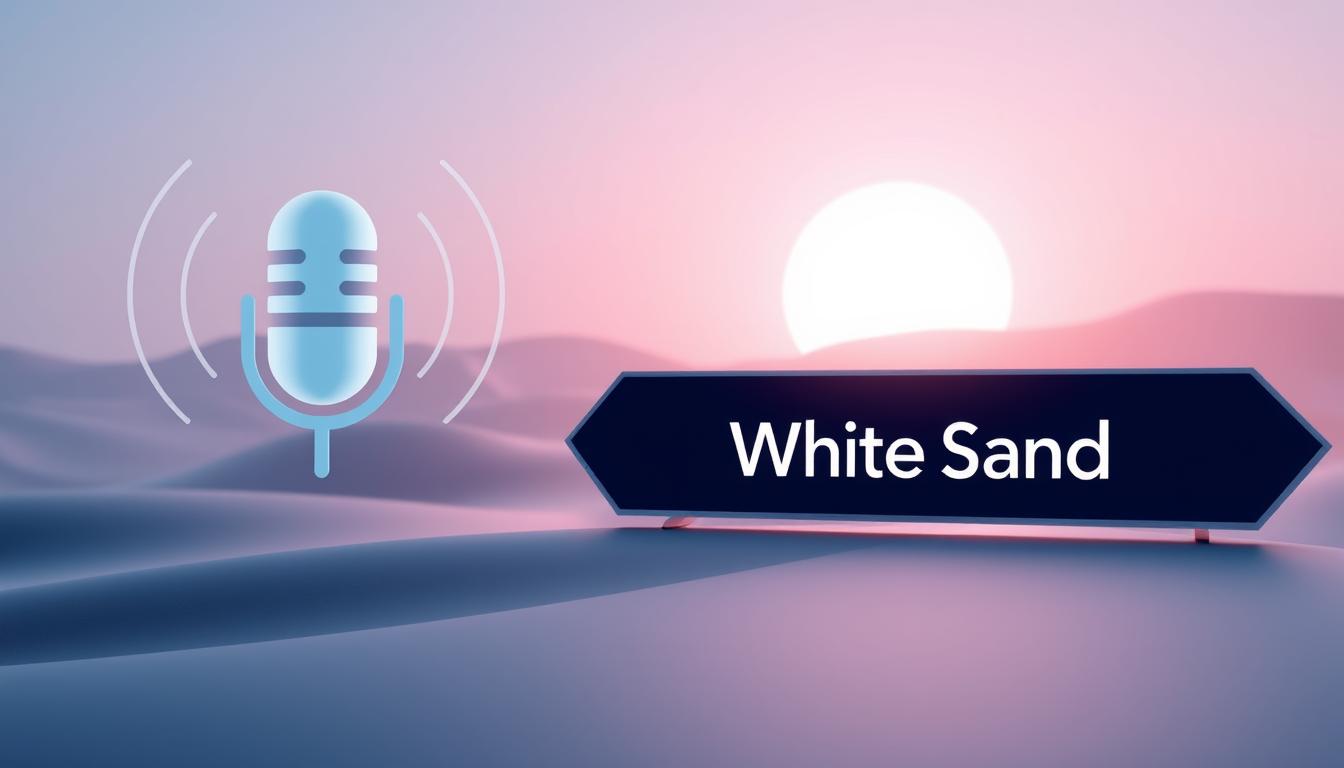 Voice search optimization concept with microphone icon and White Sand signboard over digital sand dunes at sunset.