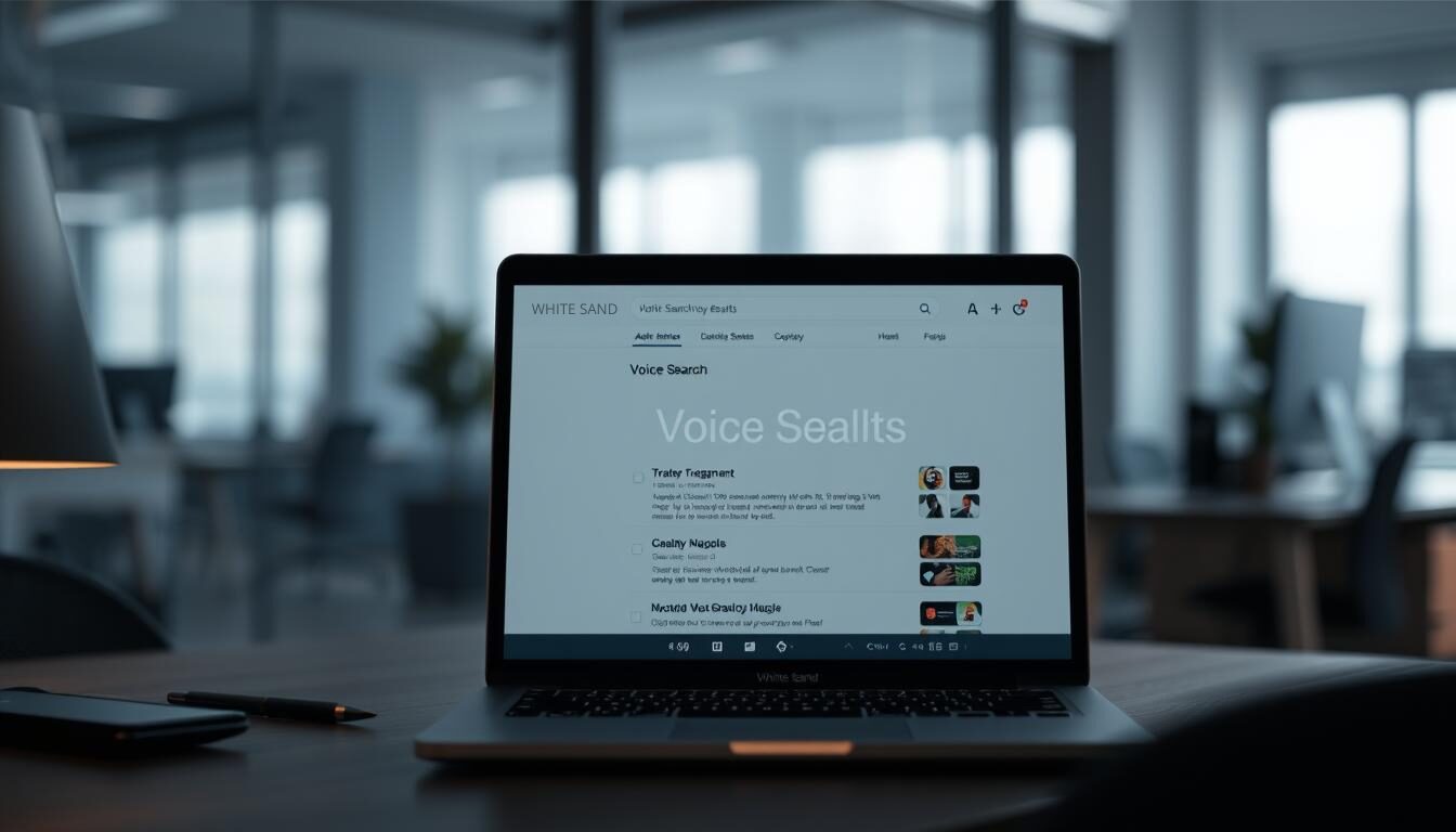 Laptop screen showing voice search SEO results and analytics dashboard in modern office setting.
