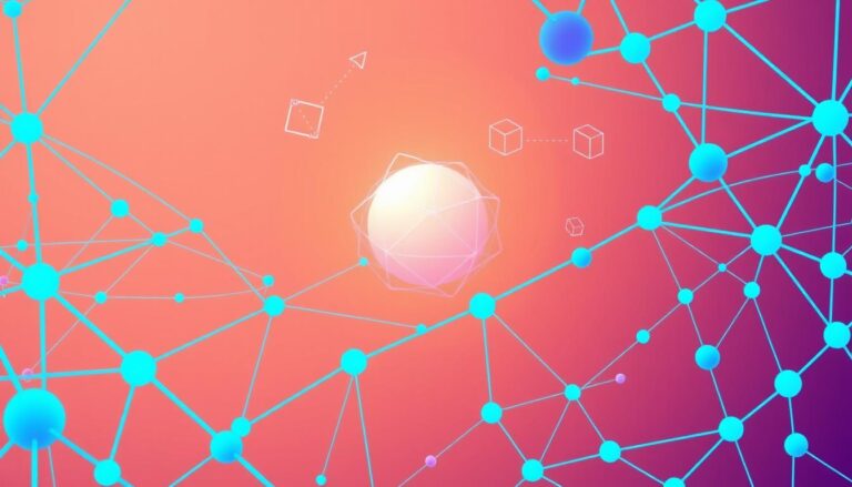 Abstract 3D network of glowing blue nodes connected against orange gradient background — futuristic AI and digital innovation concept.