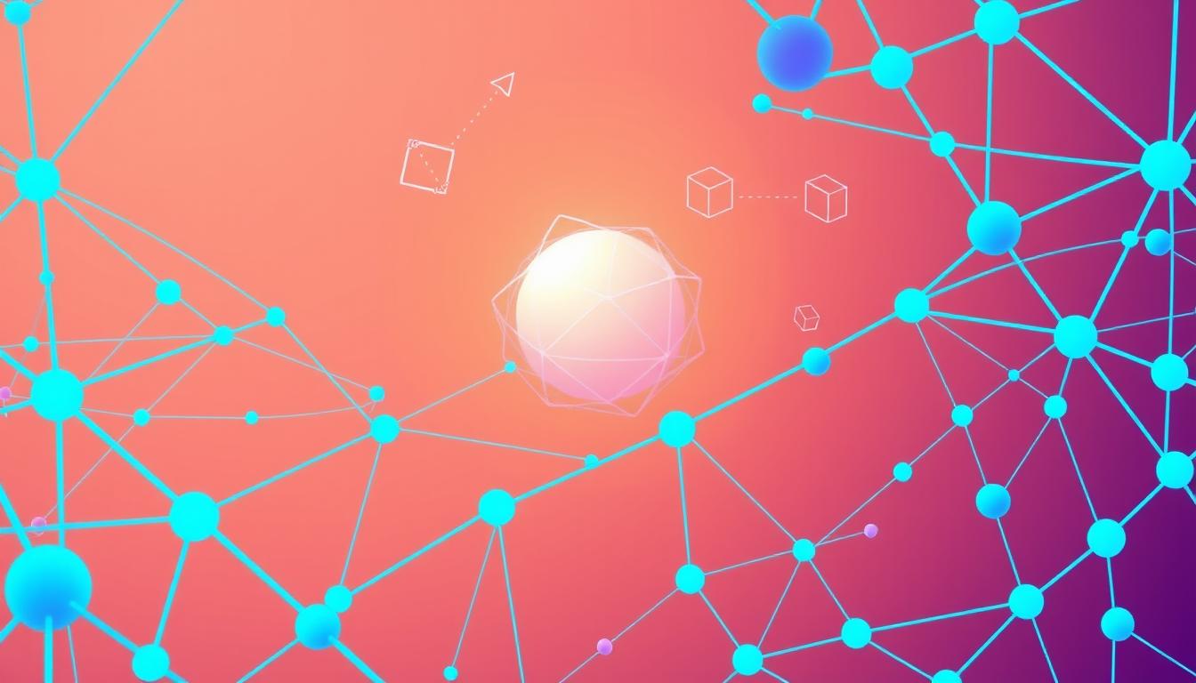 Abstract 3D network of glowing blue nodes connected against orange gradient background — futuristic AI and digital innovation concept.