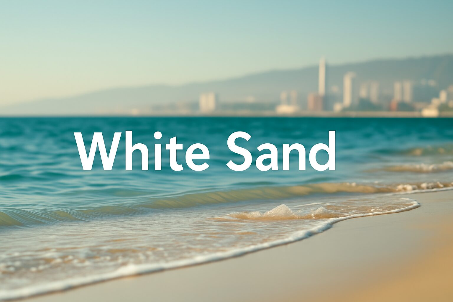 White Sand brand logo overlay on beach shore with ocean waves.