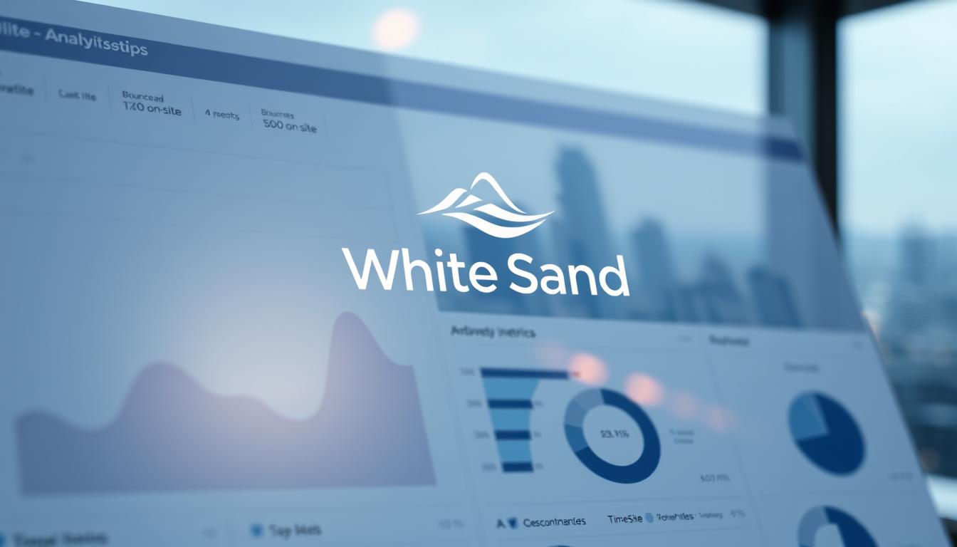 White Sand logo over business analytics screen with charts and KPIs, branding and reporting design, India

