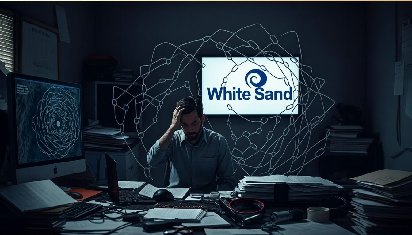 Stressed man working at cluttered office desk with digital network lines and White Sand logo on screen — business branding and workflow chaos concept.