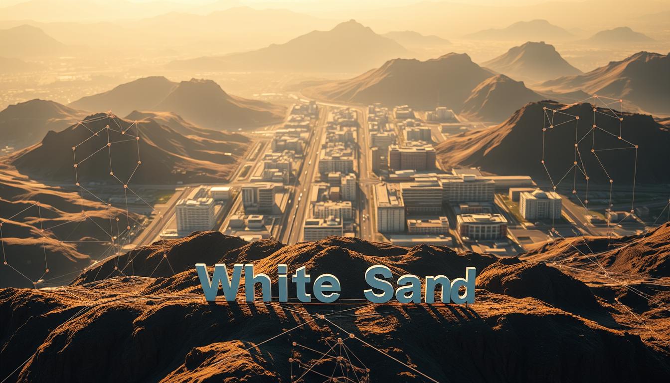 Cityscape with mountains and White Sand text symbolizing structured SEO and AEO optimization
