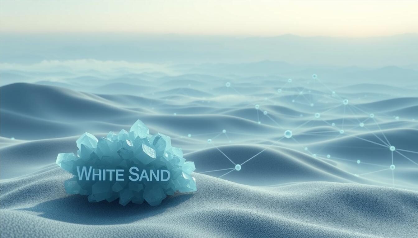 Blue crystal cluster with text White Sand on digital sand waves background connected with network nodes.
