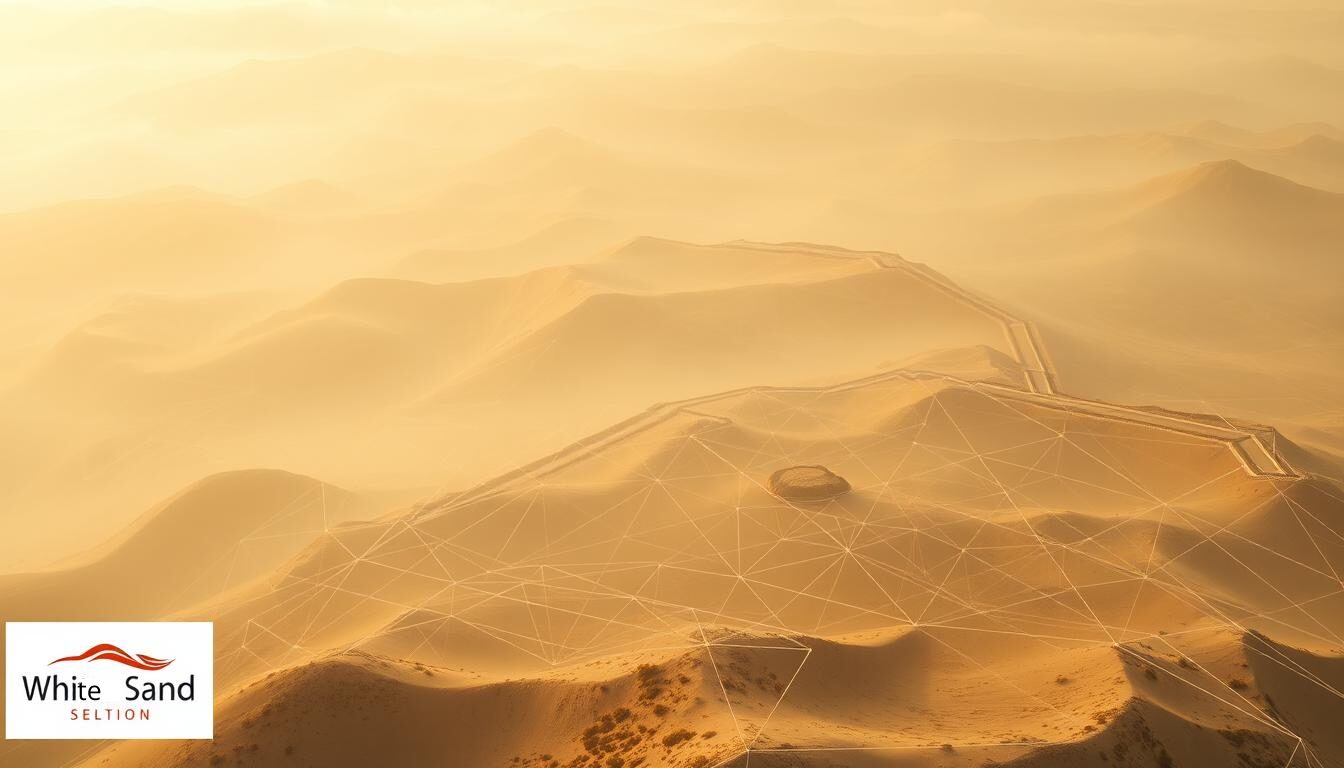 Golden desert dunes with abstract digital network lines and White Sand Seltion logo overlay — branding in desert technology theme.