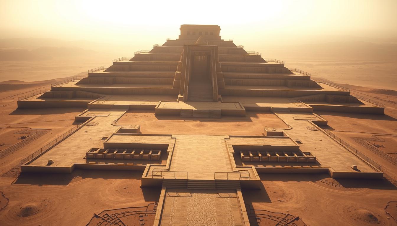 Ancient desert pyramid structure at sunset with wide staircase and golden sand landscape — historic architecture in desert environment.