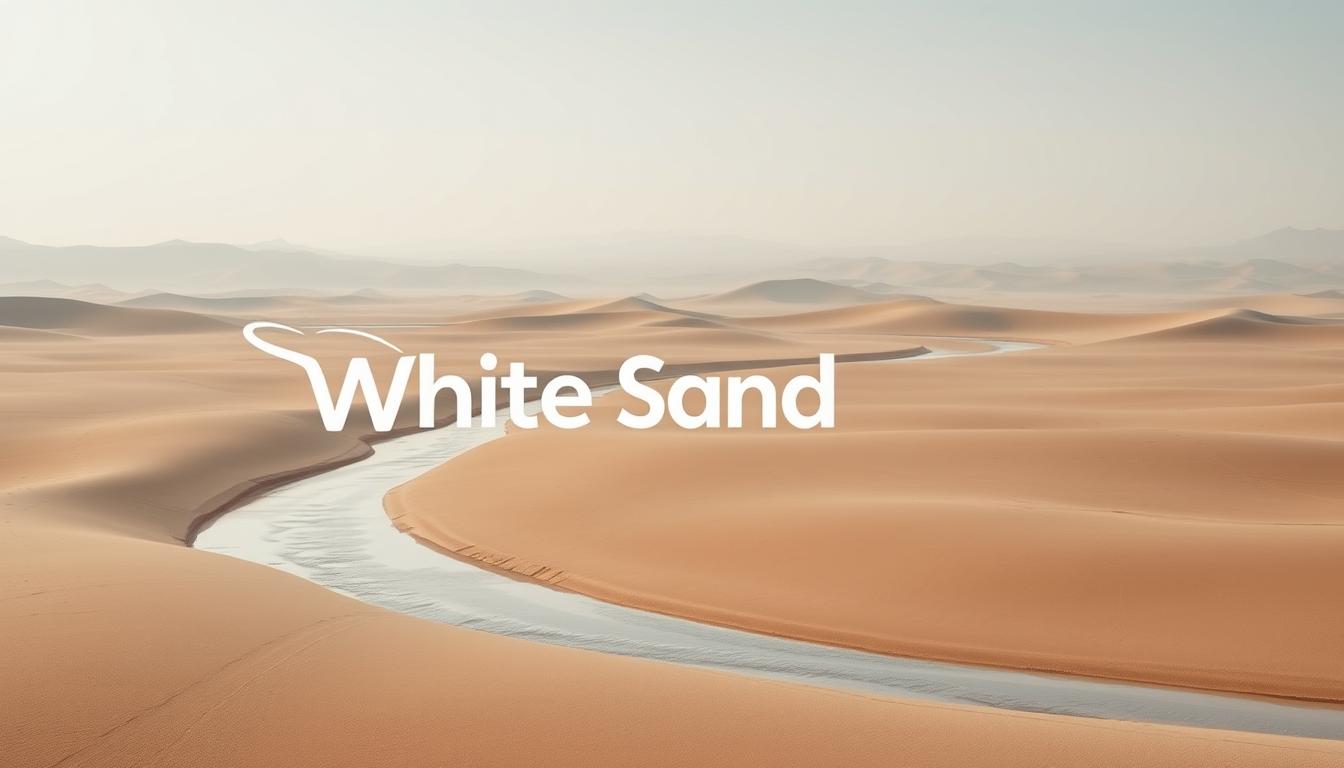 White Sand branding with desert dunes and winding river background