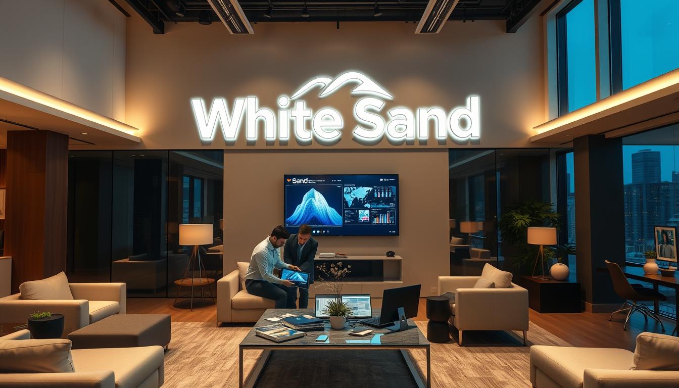 White Sand digital agency illuminated logo in a modern office interior with team working on laptop.