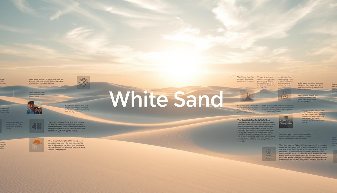 White Sand branding text overlay on desert landscape with digital data elements.