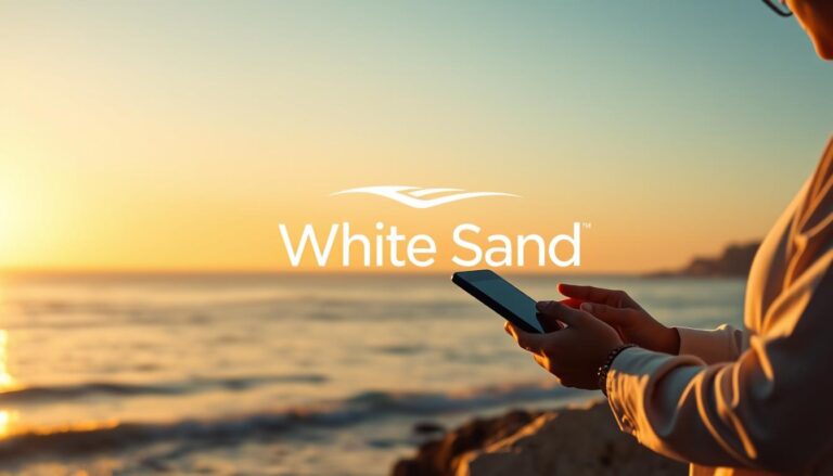 White Sand digital branding logo with person using phone at beach during sunset.