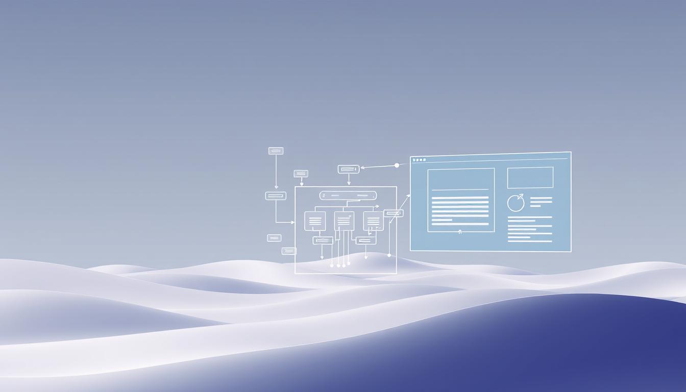 Minimalist digital flowchart interface on smooth white sand waves with a clean gradient sky background — modern data visualization concept.