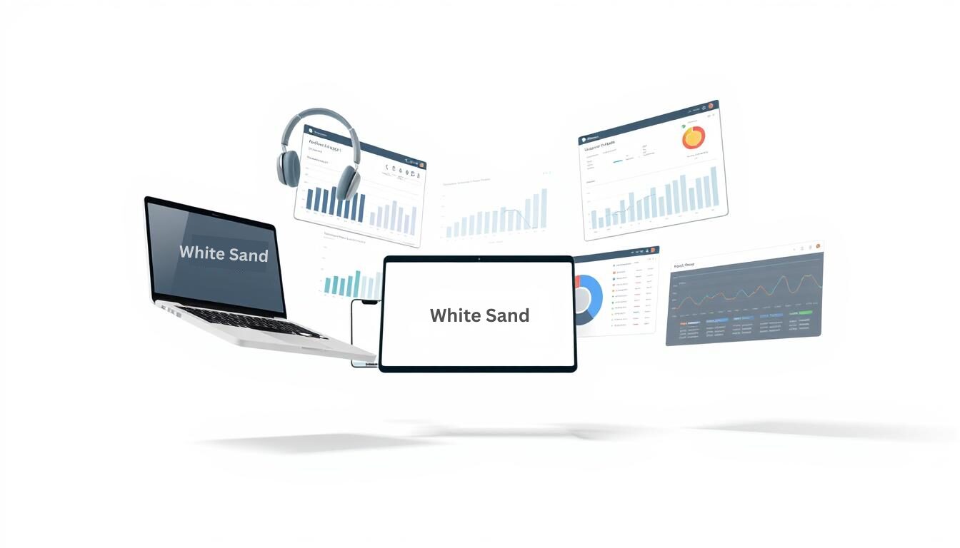White Sand branding on floating laptop and tablet with analytics dashboards.