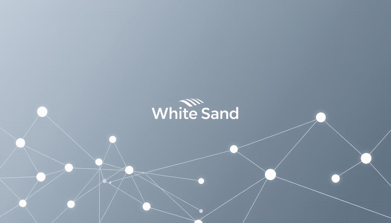 White Sand branding on abstract digital network with glowing nodes.
